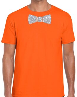 Oranje fun t-shirt met vlinderdas in glitter zilver heren 2XL