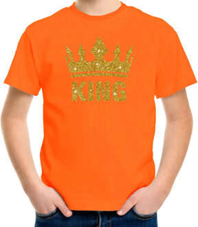 Oranje King gouden glitter kroon t-shirt kinderen - Oranje Koningsdag/supporter kleding M (134-140)