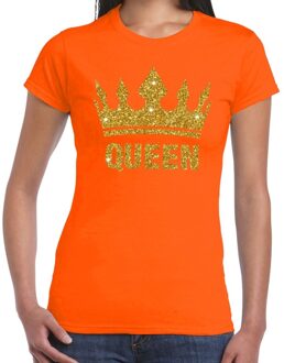 Oranje Koningdag Queen shirt met gouden glitters en kroon dames S - Feestshirts