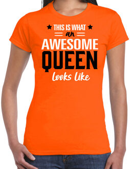 Oranje verkleed t-shirt Koningsdag - awesome queen - dames XS - Feestshirts