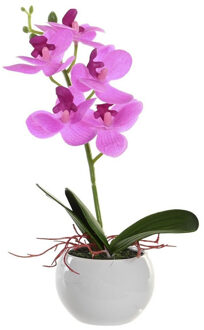 Orchidee bloemen kunstplant in witte bloempot - roze bloemen - H29 cm - Kunstplanten