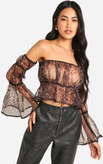 Organza Luipaardprint Bardot Crop Smock Top, Leopard - 38