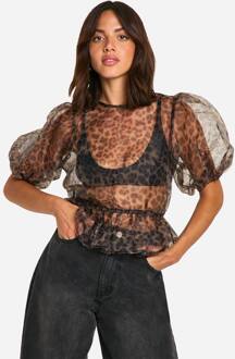 Organza Luipaardprint Tie-Back Top Met Puff Mouwen, Leopard - 36
