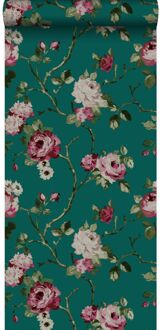 Origin behang bloemen smaragd groen Blauw