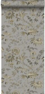 Origin behang bloemen taupe en bruin Blauw