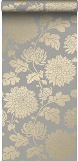 Origin behang bloemen taupe en glanzend brons Blauw