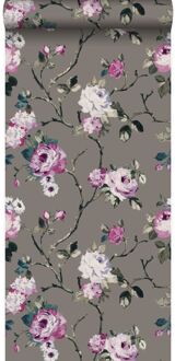 Origin behang bloemen taupe en lila paars Blauw