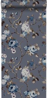 Origin behang bloemen vintage blauw en taupe