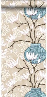 Origin behang magnolia beige en turquoise Blauw