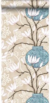 Origin behang magnolia beige en turquoise Blauw