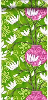 Origin behang magnolia groen en roze Blauw
