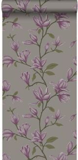 Origin behang magnolia taupe en aubergine paars Blauw