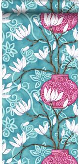 Origin behang magnolia turquoise en roze Blauw