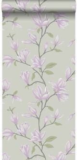 Origin behang magnolia zeegroen en lila paars Blauw