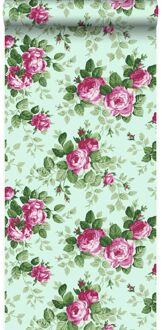 Origin behang rozen celadon groen en roze Blauw