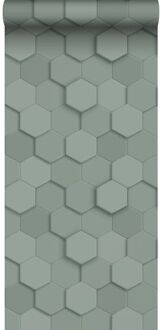 Origin Wallcoverings eco-texture vliesbehang 3d hexagon motief vergrij Groen, Grijs