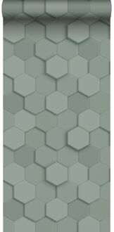 Origin Wallcoverings eco-texture vliesbehang 3d hexagon motief vergrij Groen, Grijs