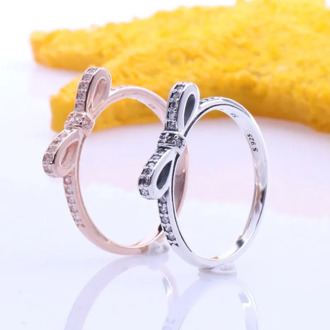 Original 925 Sterling Silver Pan Ring Rose Gold With Crystal Cz Bow Ring For Women Wedding Party Gift Fashion Jewelry