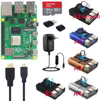 Original Official Raspberry Pi 4 Model B Kits Dual Fan Aluminum Case + 32/64 GB SD Card + Power Adapter + HDMI Cable for RPI 4