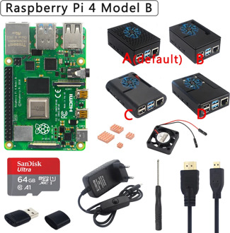 Original Raspberry Pi 4 Model B Kit + ABS Case + Power Supply + Fan + Heatsink +HDMI Optional 64 32GB SD Card & Reader for Pi 4