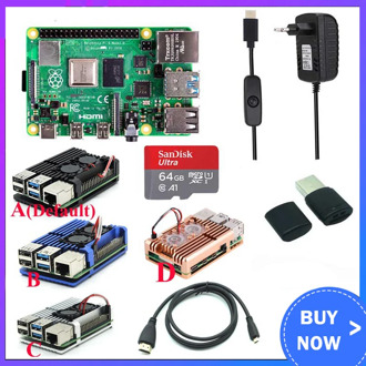 Original Raspberry Pi 4 Model B Kit + Aluminum Case + Heat Sink + 3A Switch Power + Micro HDMI Option 64 32GB SD Card |Reader
