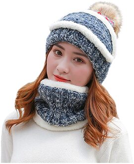 Originele Mode Warme Cap Winter Mode Vrouwen Gebreide Wollen Sjaal Hoed Pompom Cap Set Warm Winter + sjaal + Masker blauw