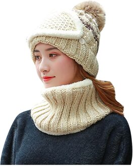 Originele Mode Warme Cap Winter Mode Vrouwen Gebreide Wollen Sjaal Hoed Pompom Cap Set Warm Winter + sjaal + Masker khaki