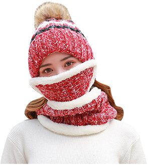 Originele Mode Warme Cap Winter Mode Vrouwen Gebreide Wollen Sjaal Hoed Pompom Cap Set Warm Winter + sjaal + Masker rood