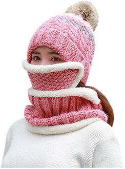 Originele Mode Warme Cap Winter Mode Vrouwen Gebreide Wollen Sjaal Hoed Pompom Cap Set Warm Winter + sjaal + Masker roze