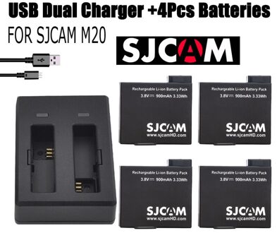 Originele sjcam m20 batterij accessoires reizen dual poorten charger + 4x batterijen voor sj cam m20 4 k wifi actie video camera