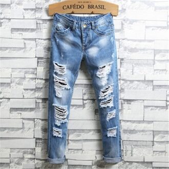 Originele Stijl Versleten Midden-Taille Jeans Europese Amerikaanse Zomer Light Blue Ripped Denim Broek Modieuze broek aziatisch size 31