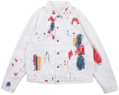 Originele Verf Gedrukt Graffiti Mannen Zwart Denim Jasje Hiphop Streetwear Mannen Casual Denim Jeans Jas wit / Xl