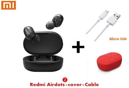Originele Xiaomi Redmi Airdots 2 Tws Oortelefoon Tuur Draadloze Bluetooth 5.0 Met Microfoon Handsfree Oordopjes Ai Controle Headset Add kabel rood Case