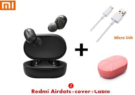 Originele Xiaomi Redmi Airdots 2 Tws Oortelefoon Tuur Draadloze Bluetooth 5.0 Met Microfoon Handsfree Oordopjes Ai Controle Headset Add kabel roze Case