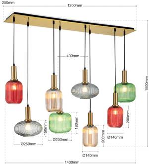 Orion Carneval hanglamp, kleurrijk, lengte 140 cm, glas, 8-lamps. gekleurd, antiek messing