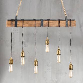 Orion Hanglamp Cellar, houten balk, henneptouw, 6-lamps licht hout, natuurbruin, zwart, goud antiek