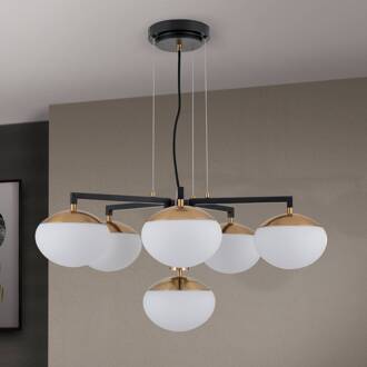 Orion Hanglamp Josephine, 6-lamps messing, zwart, opaal mat