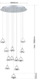 Orion LED hanglamp Moon, K9-kristalglas, 12-lamps chroom chroom, transparant