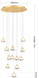 Orion LED hanglamp Moon, K9-kristalglas, 12-lamps goud goud, transparant