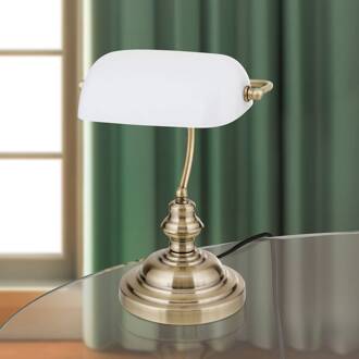 Orion Onella tafellamp in bankiersstijl opaal messing gepatineerd, wit