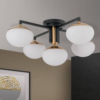 Orion Plafondlamp Josephine, 5-lamps messing, zwart, opaal mat
