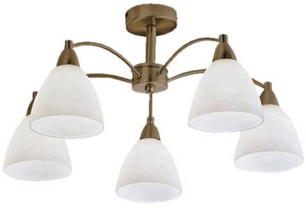 Orion Plafondlamp Kinga in oude messing look, 5 lampen oud-messing, wit gesatineerd