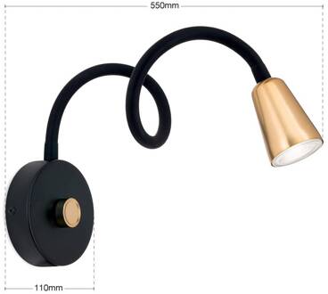 Orion Wandlamp Dotty, messingkleurig, flexibele arm, dimmer, GU10 messing, zwart