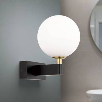 Orion Wandlamp Mara, zwart, glas, 17,5 cm hoog, G9, IP44 zwart, messing, opaal mat