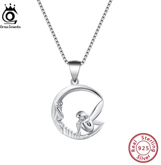 ORSA JEWELS 925 Sterling Silver Women Necklaces Round Pendant With Fairy Elf Angle Wing Shape Necklace Box Chain Jewelry OSN106