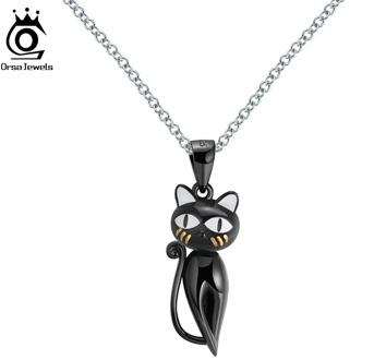 ORSA JEWELS Real 925 Sterling Silver Pendant Original Design Cute Cat Black Gun Enamel Craft Women Necklaces Gift Jewelry SN99