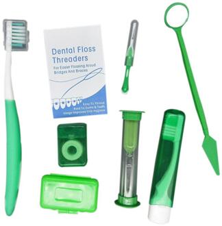 Orthodontische Dental Care Kit Set Braces Tandenborstel Opvouwbare Tandheelkundige Spiegel Rager Met Draagtas Orale Gereedschap groen