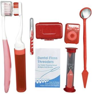 Orthodontische Dental Care Kit Set Braces Tandenborstel Opvouwbare Tandheelkundige Spiegel Rager Met Draagtas Orale Gereedschap Rood