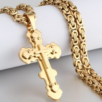 Orthodoxe 3 Lagen Klinknagel Kruis Hanger Ketting voor Mannen Gouden Kleur Rvs Kerk Ketting Gebed Sieraden 60cm
