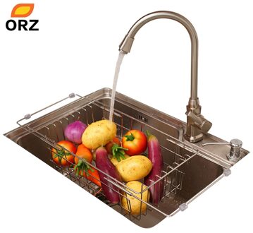 ORZ Keuken Fruit Groenten Afdruiprek Rvs Verstelbare In-Sink Schotel Kom Afdruiprek Drogen Mand Opbergvak